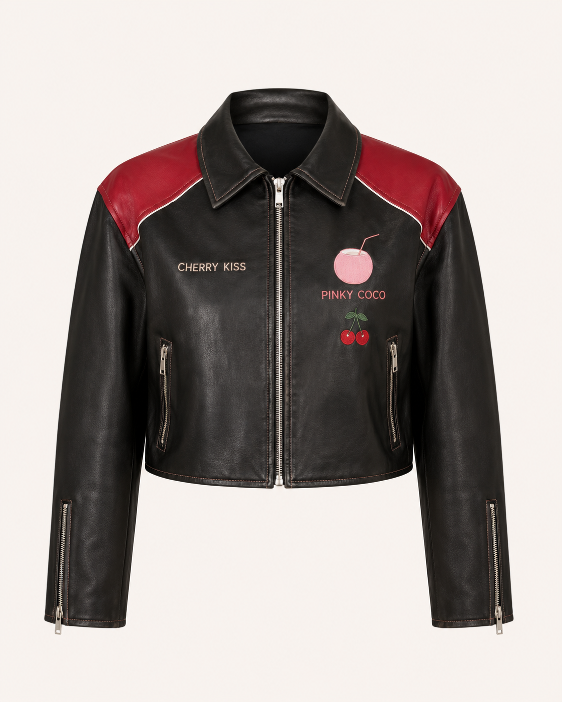 Model wearing PinkyCoco Cherry Kiss Cropped Women's Leather Fashion Jacket, back view