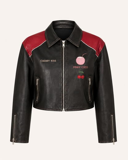Model wearing PinkyCoco Cherry Kiss Cropped Women's Leather Fashion Jacket, back view