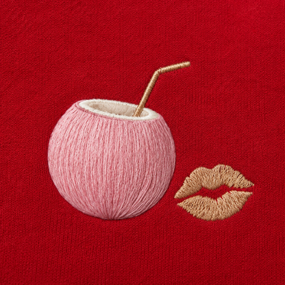 Model showing the back of the PinkyCoco Cherry Kiss Sunset hoodie