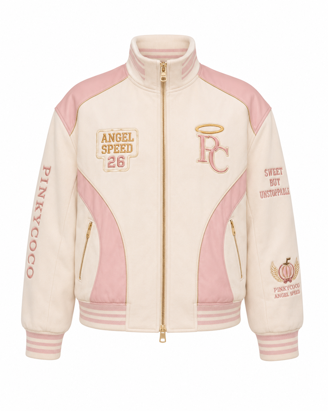 Model wearing the PinkyCoco Coco Angel Speed women's satin racing jacket, back view