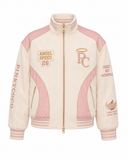Model wearing the PinkyCoco Coco Angel Speed women's satin racing jacket, back view