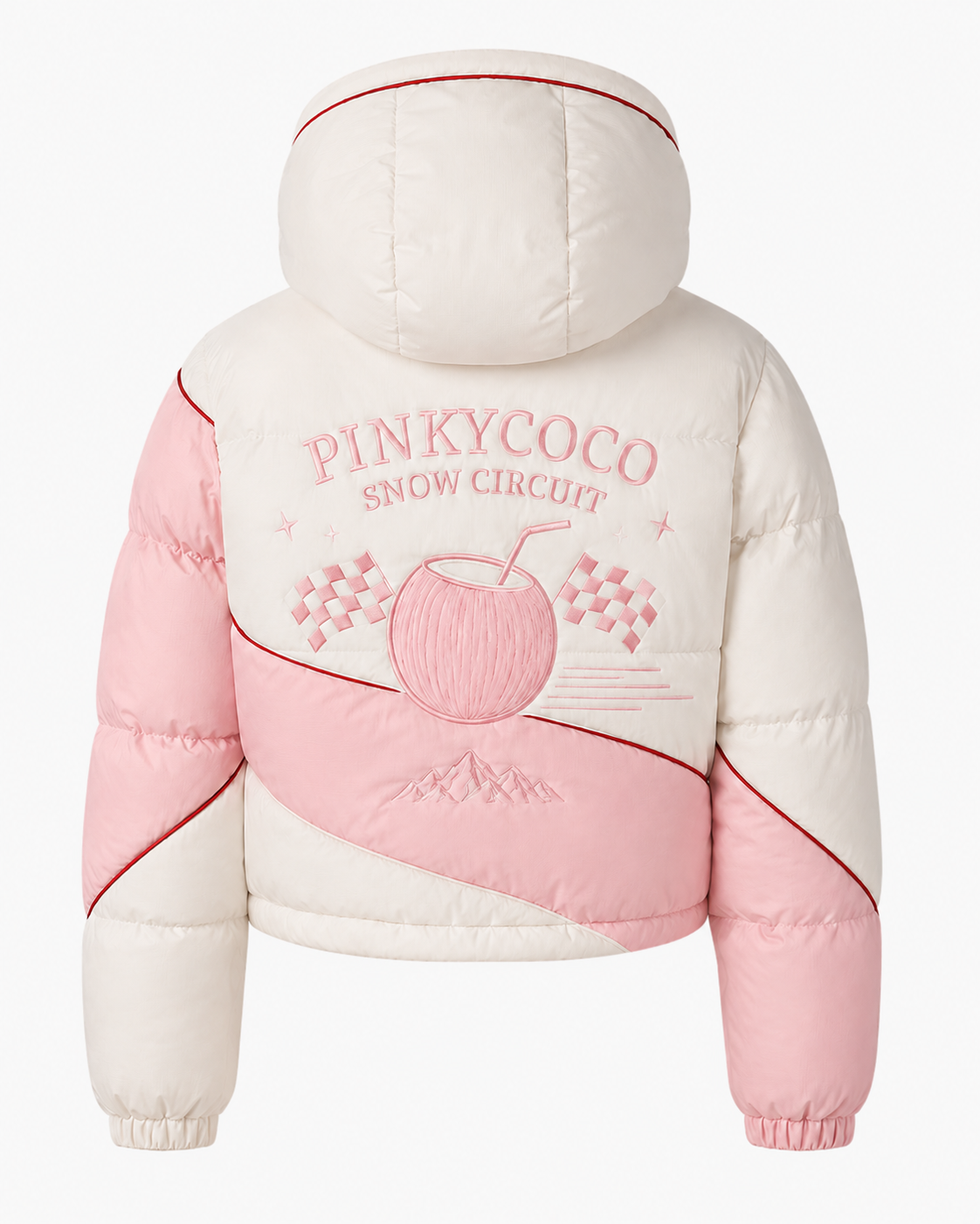 Model wearing the PinkyCoco Coco Apres Ski women's racing jacket, back view