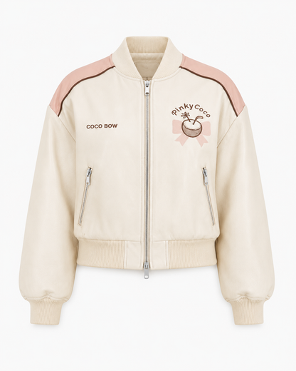 Model wearing PinkyCoco Coco Bow Ivory Women's Satin Bomber Jacket, back view