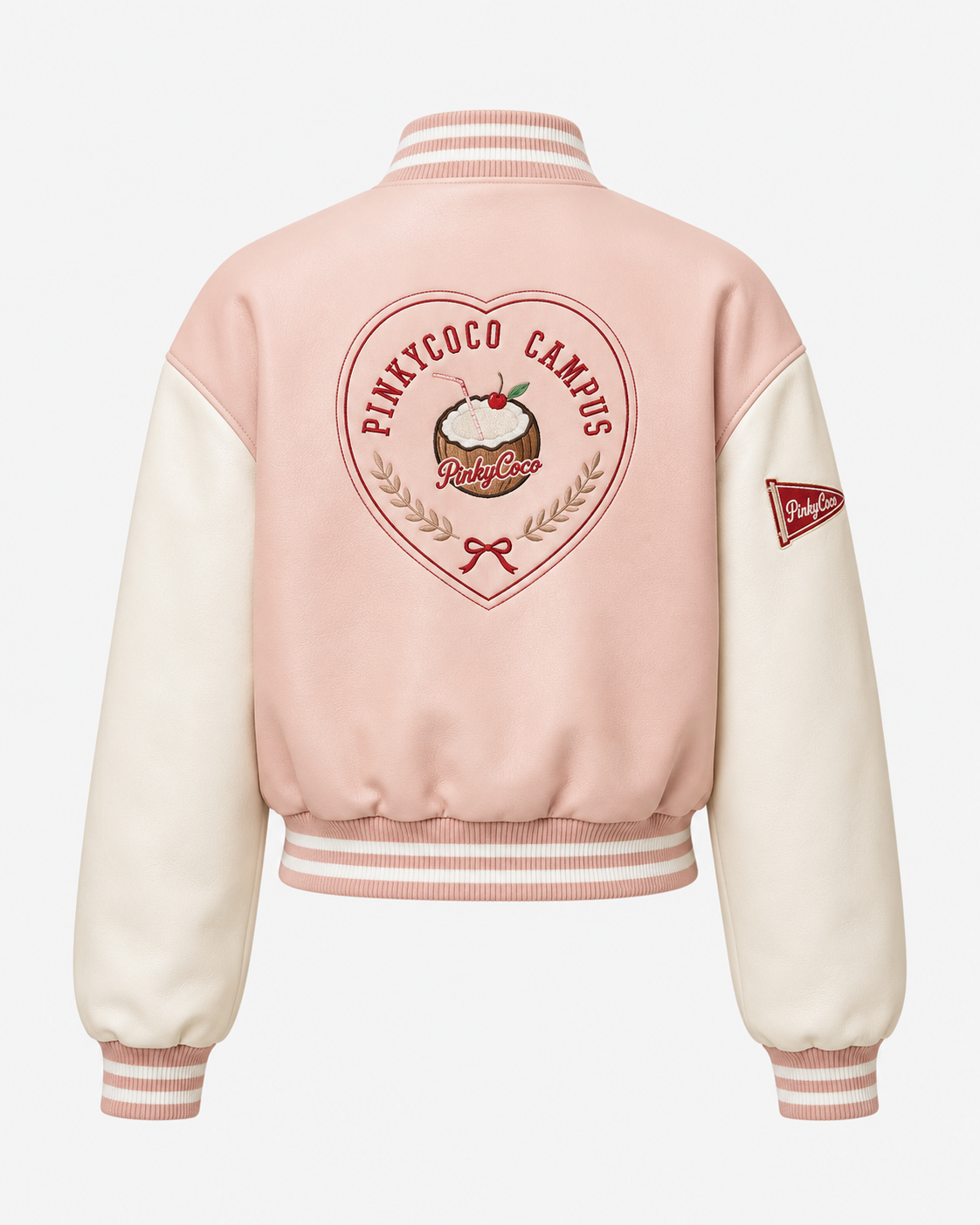 Model wearing PinkyCoco Coco Campus Women's Leather Fashion Jacket, back view