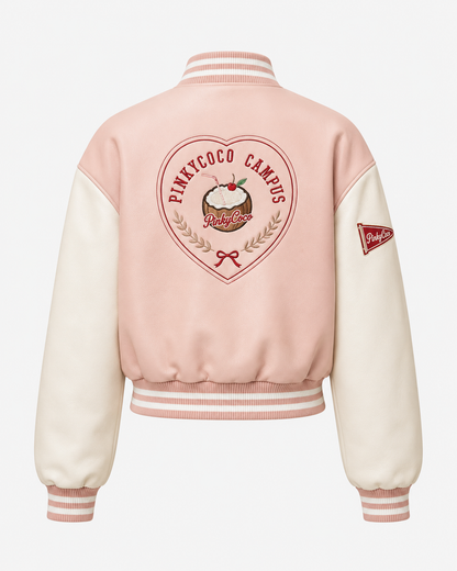 Model wearing PinkyCoco Coco Campus Women's Leather Fashion Jacket, back view