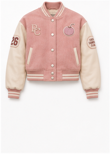 Model wearing PinkyCoco Coco Campus Women's Varsity Jacket, back view