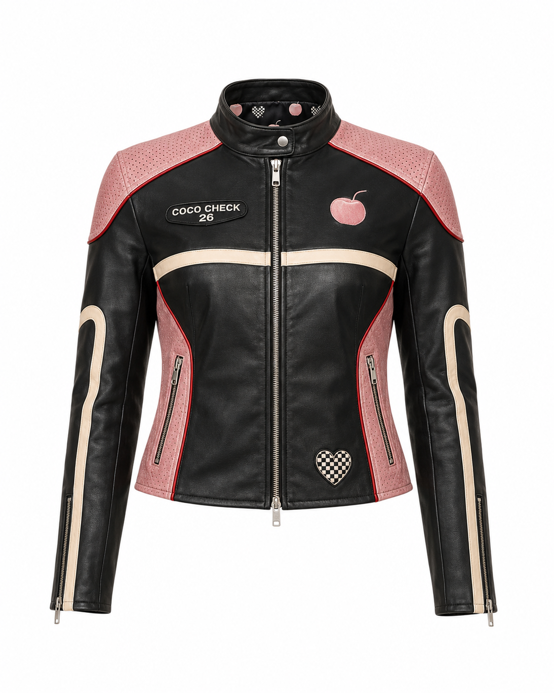 Model wearing the PinkyCoco Coco Check Perforated women's racing jacket, back view