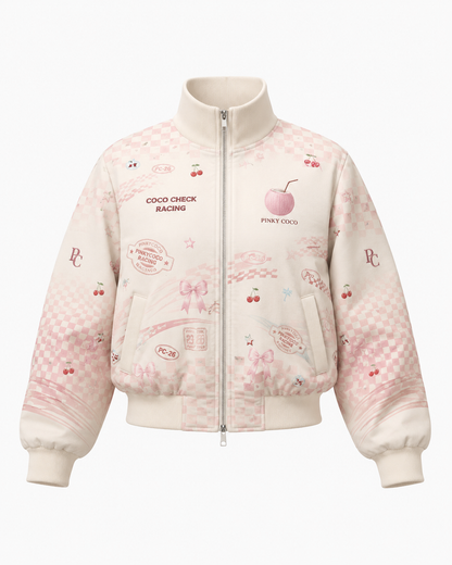 Model wearing the PinkyCoco Coco Check women's racing jacket, back view