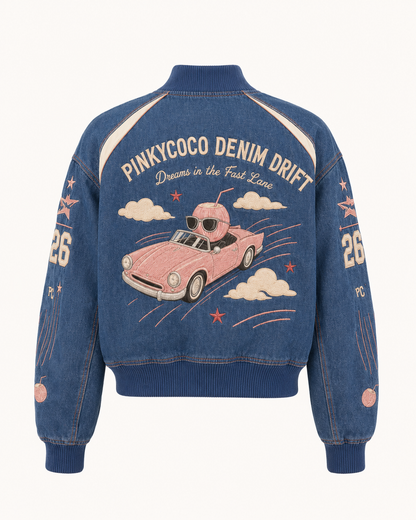 Model wearing the PinkyCoco Coco Drift women's racing jacket, back view