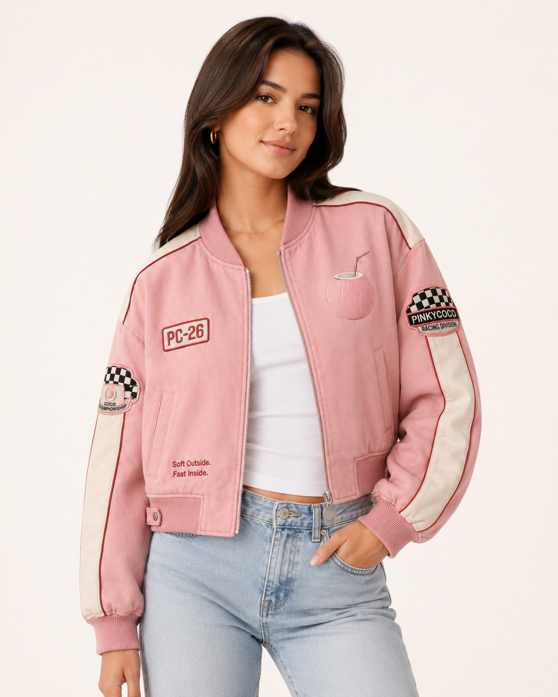 Model wearing the PinkyCoco Coco Grand Prix women's satin racing jacket, back view