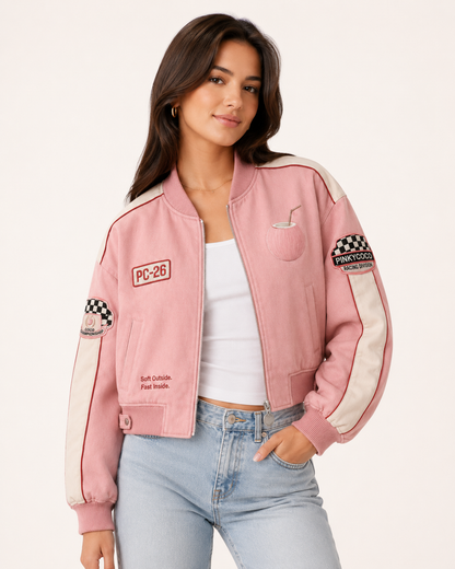 Model wearing the PinkyCoco Coco Grand Prix women's satin racing jacket, back view