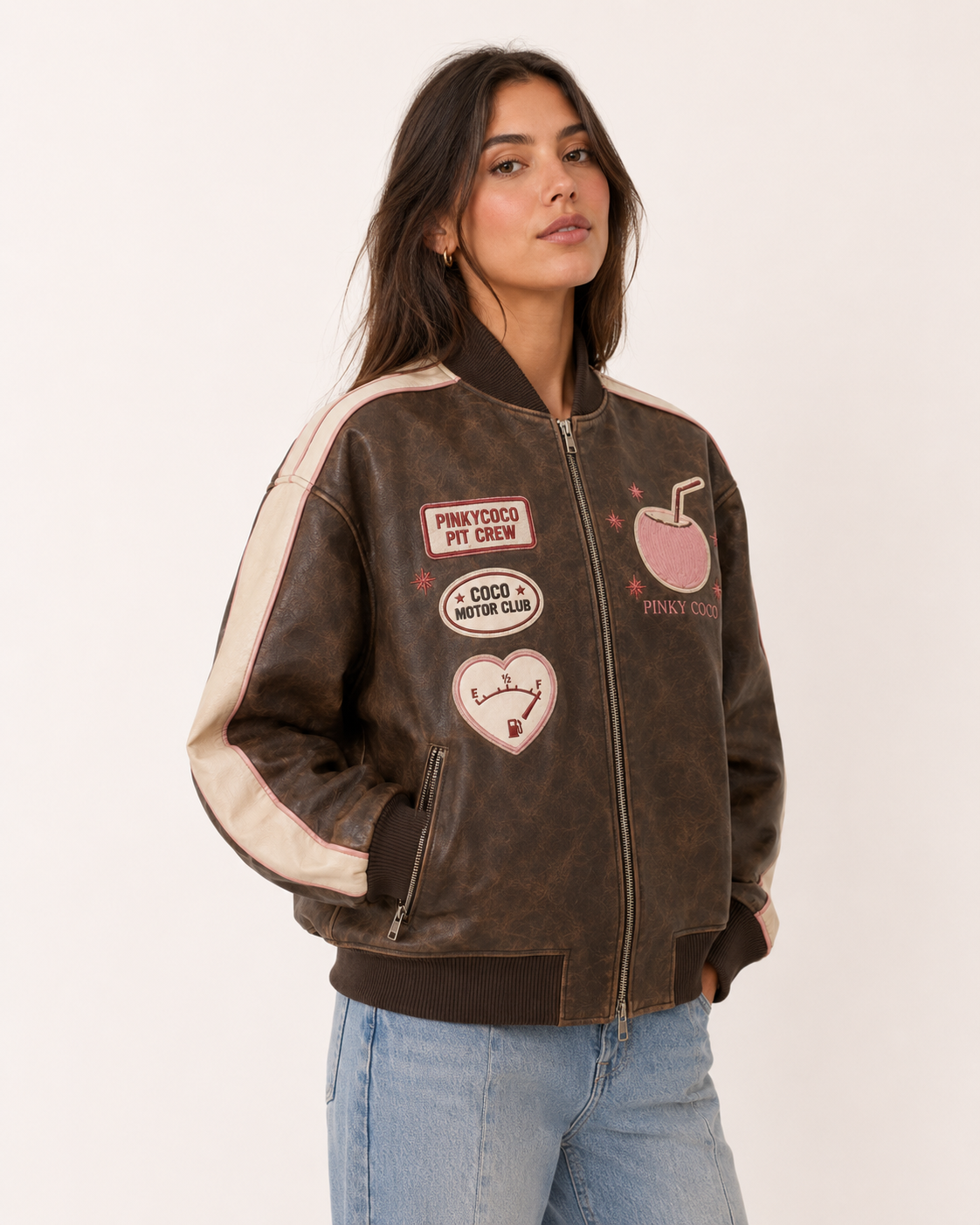 Model wearing PinkyCoco Coco Heritage Pit Crew Women's Fashion Jacket, back view