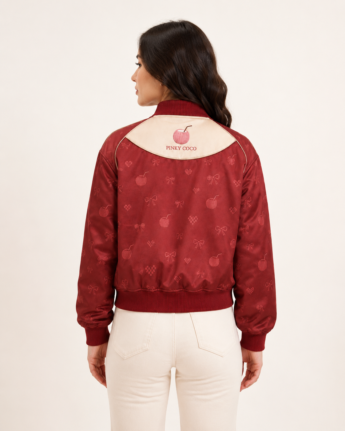 Model wearing the PinkyCoco Coco Love Lap Reversible women's satin racing jacket, back view