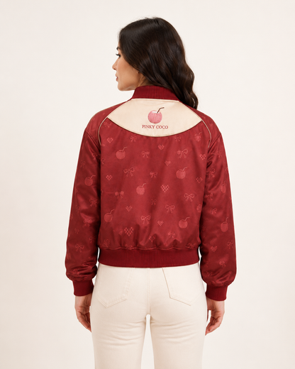 Model wearing the PinkyCoco Coco Love Lap Reversible women's satin racing jacket, back view