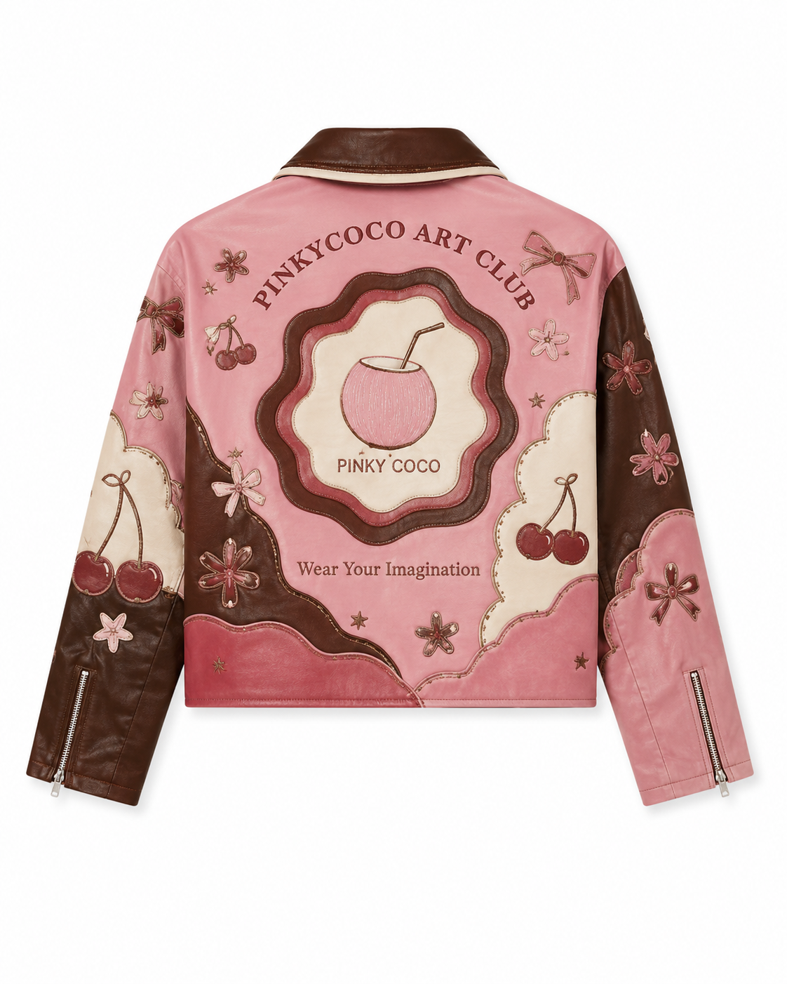 Model wearing PinkyCoco Coco Patchwork Art Women's Leather Fashion Jacket, back view
