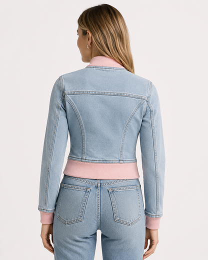 Model wearing PinkyCoco Coco Pink Women's Denim Jacket, back view