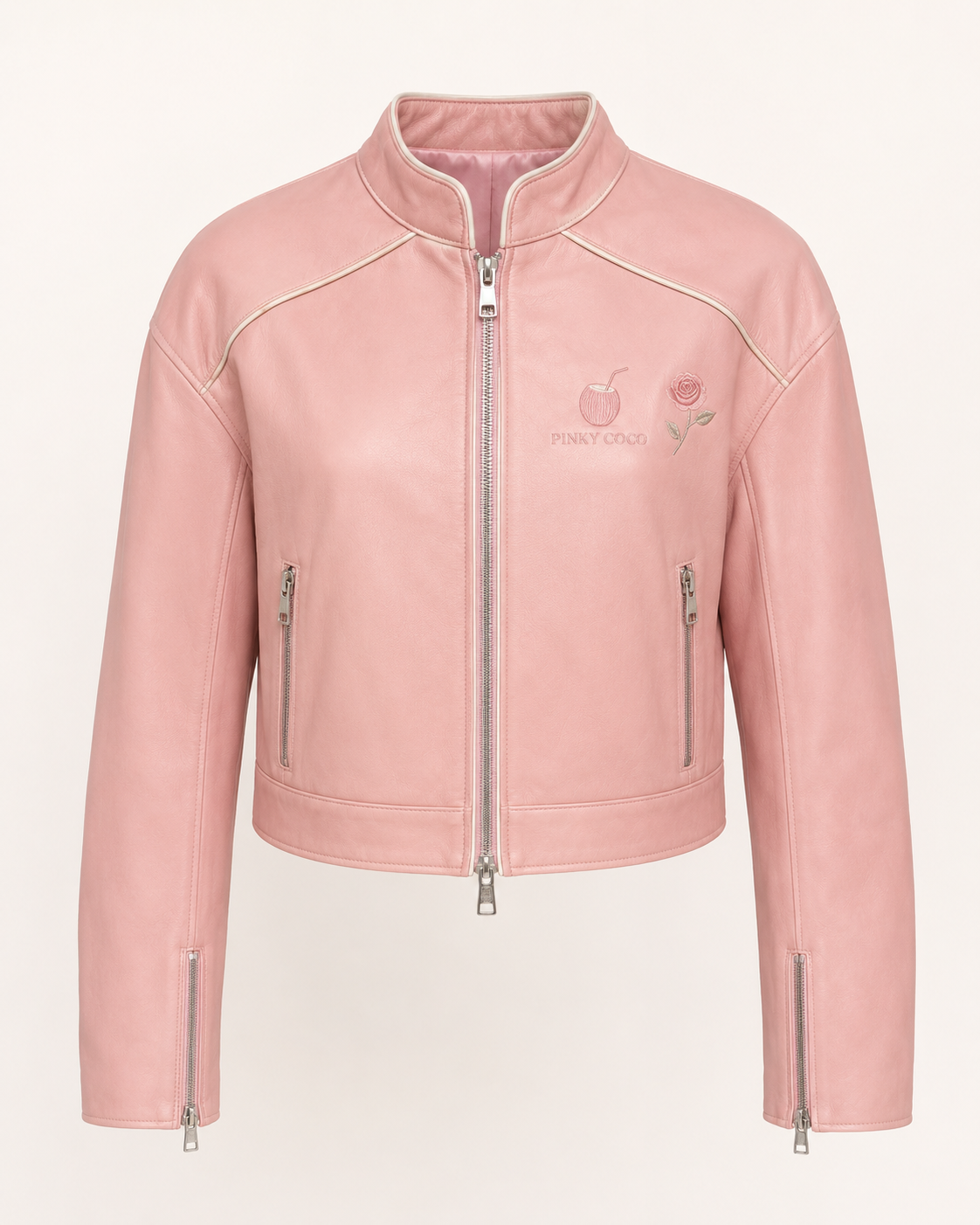 Model wearing PinkyCoco Coco Rosette Women's Leather Fashion Jacket, back view