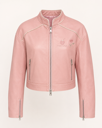 Model wearing PinkyCoco Coco Rosette Women's Leather Fashion Jacket, back view