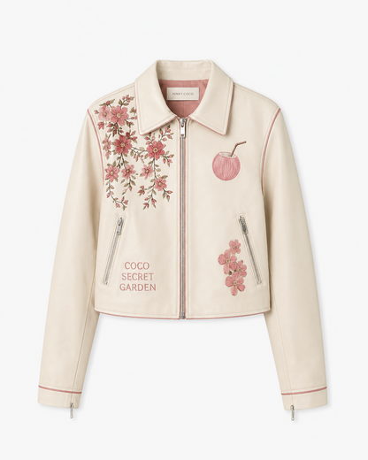 Model wearing PinkyCoco Coco Secret Garden Women's Leather Fashion Jacket, back view