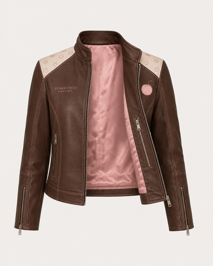 Model wearing PinkyCoco Coco Signature Printed Women's Leather Fashion Jacket, back view
