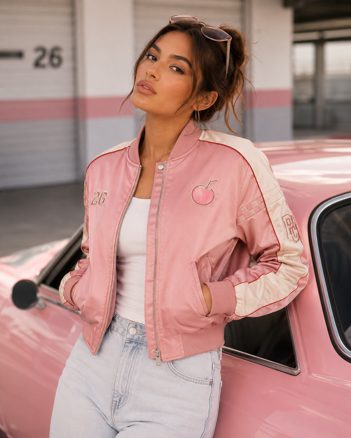 Model wearing the PinkyCoco Coco Speedway women's satin racing jacket, back view