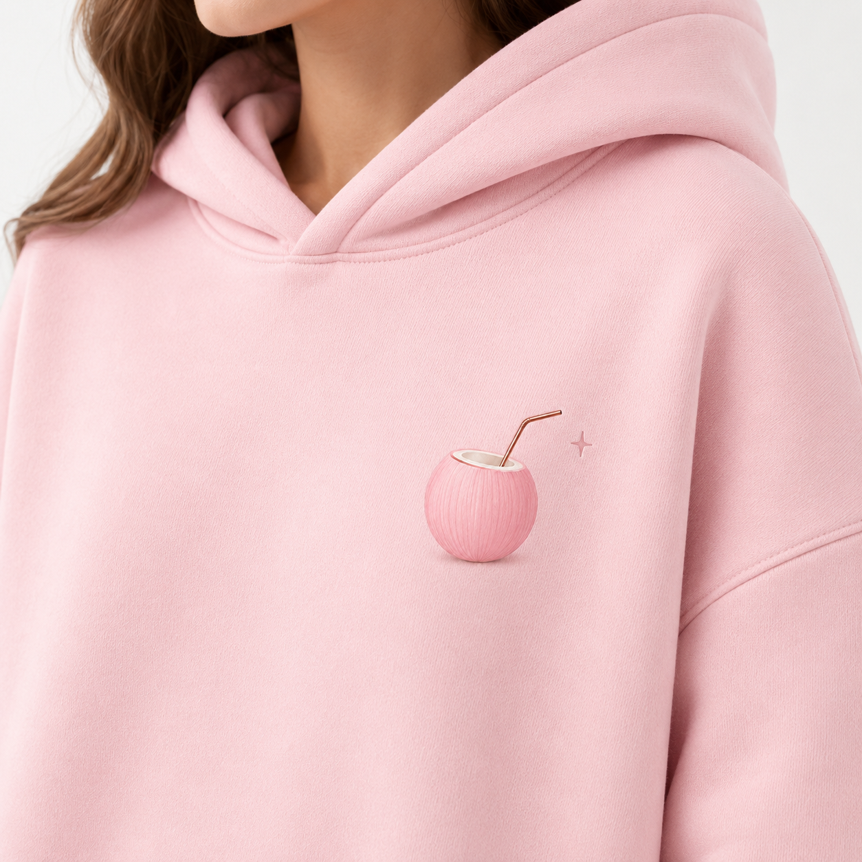 Model showing the back of the PinkyCoco Coco Super Bloom hoodie
