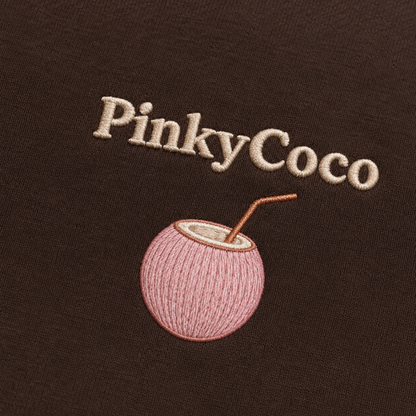 Model showing the back of the PinkyCoco Cocoa Coffee Palm hoodie