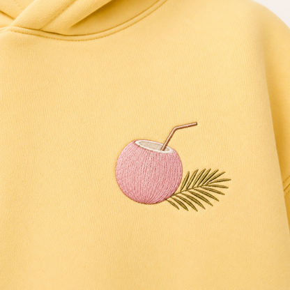 Model showing the back of the PinkyCoco Coconut Farm Morning hoodie
