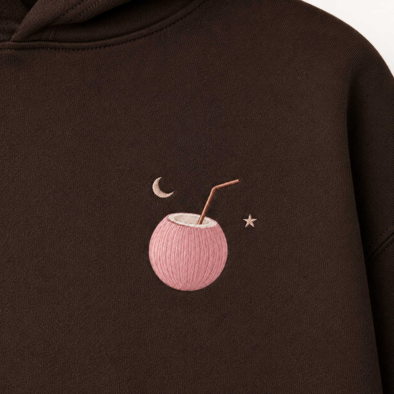 Model showing the back of the PinkyCoco Coconut Moon hoodie