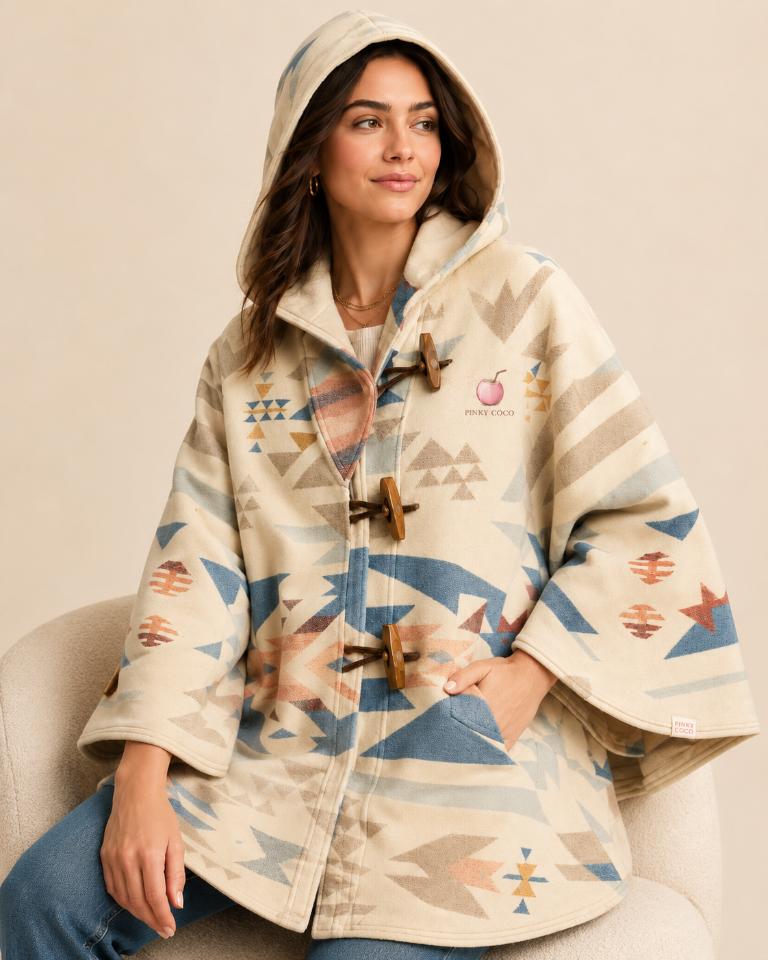 Model showing the back of the PinkyCoco Desert Bloom Geo women's wool blend artistic hooded cape