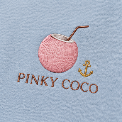 Model showing the back of the PinkyCoco Dove Over Powder Tide hoodie