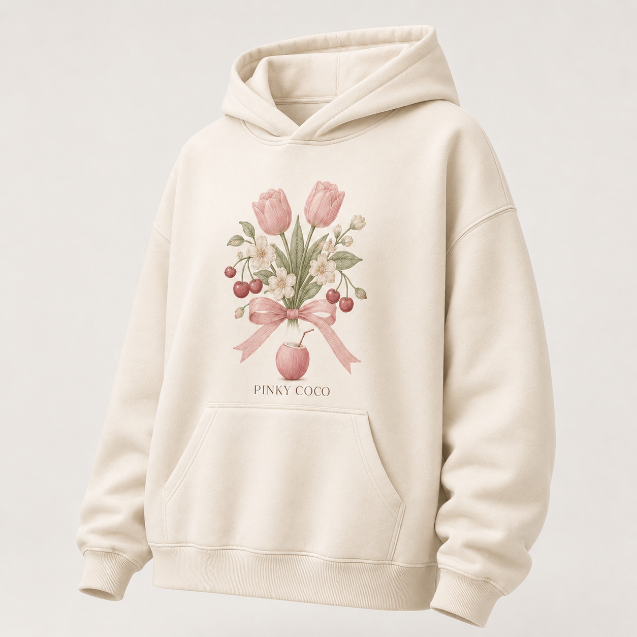 Model showing the back of the PinkyCoco Flower Market hoodie