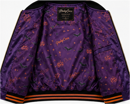 Model wearing PinkyCoco Halloween Women's Satin Bomber Jacket, back view