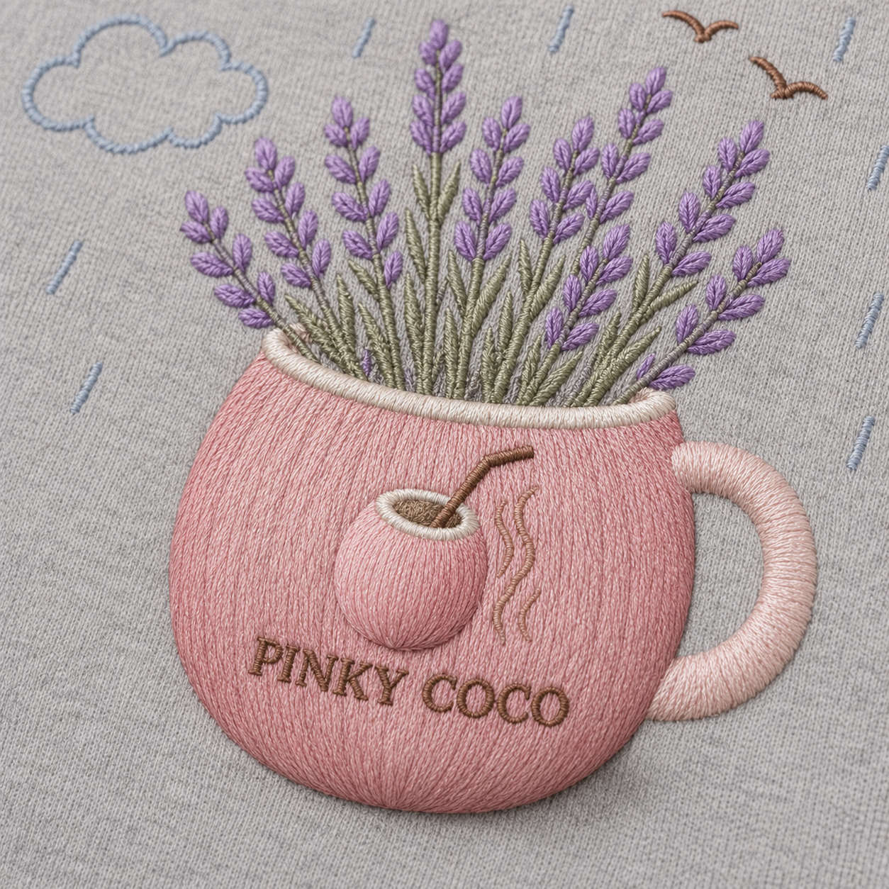 Model showing the back of the PinkyCoco Lavender Rain Coffee hoodie