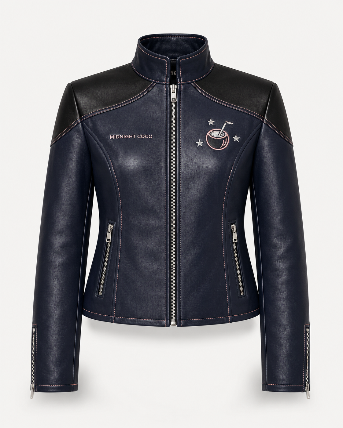 Model wearing PinkyCoco Midnight Star Women's Leather Fashion Jacket, back view