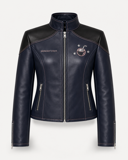 Model wearing PinkyCoco Midnight Star Women's Leather Fashion Jacket, back view