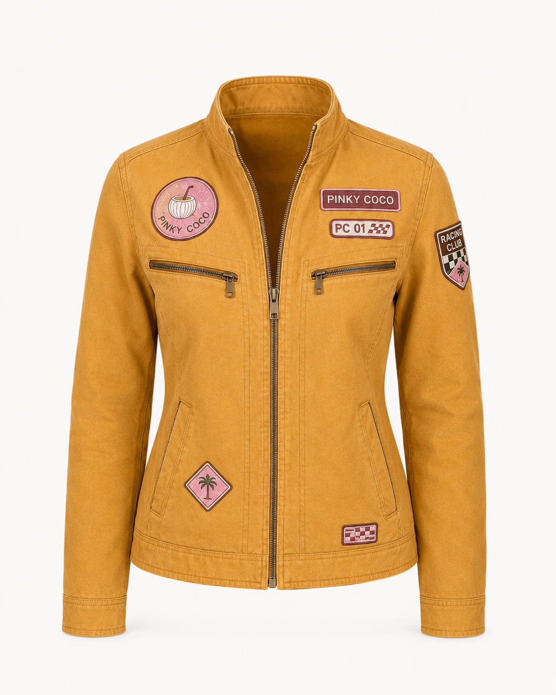 Model wearing the PinkyCoco Mustard Patch women's racing jacket, back view
