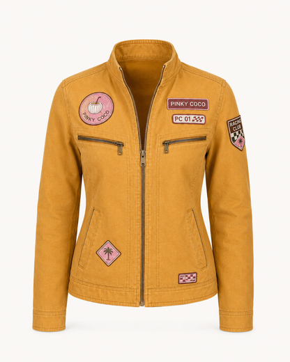Model wearing the PinkyCoco Mustard Patch women's racing jacket, back view