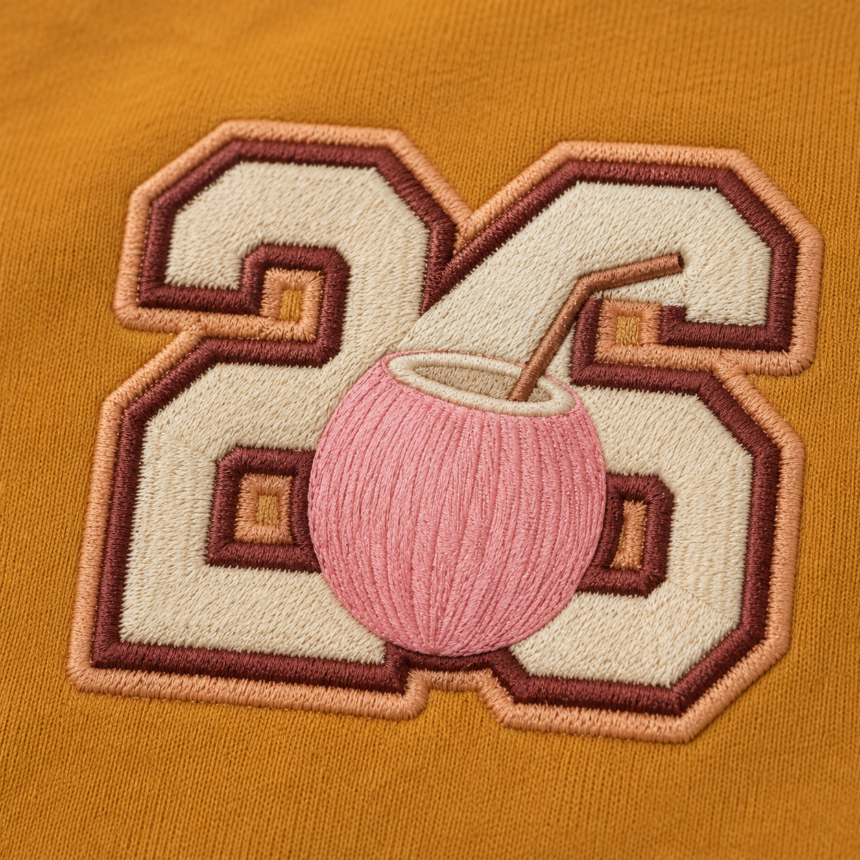 Model showing the back of the PinkyCoco Mustard Retro Sun Society hoodie