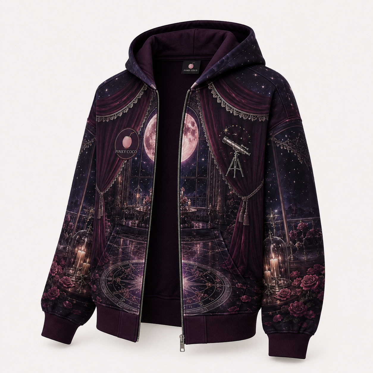 Model showing the back of the PinkyCoco Observatory hoodie