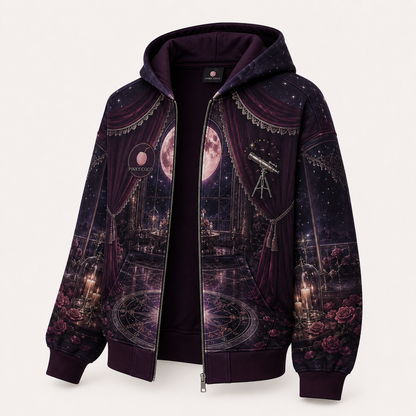 Model showing the back of the PinkyCoco Observatory hoodie