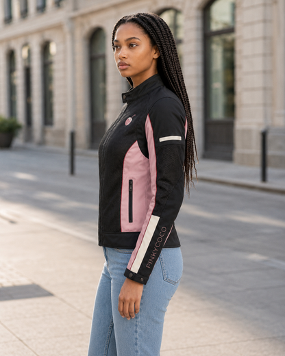 Model wearing the PinkyCoco Pink Mesh Ventilated Riding women's racing jacket, back view