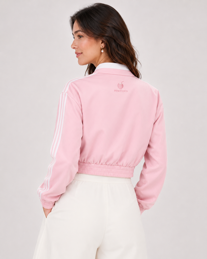 Model wearing PinkyCoco Pink Striped Bow Women's Fashion Jacket, back view