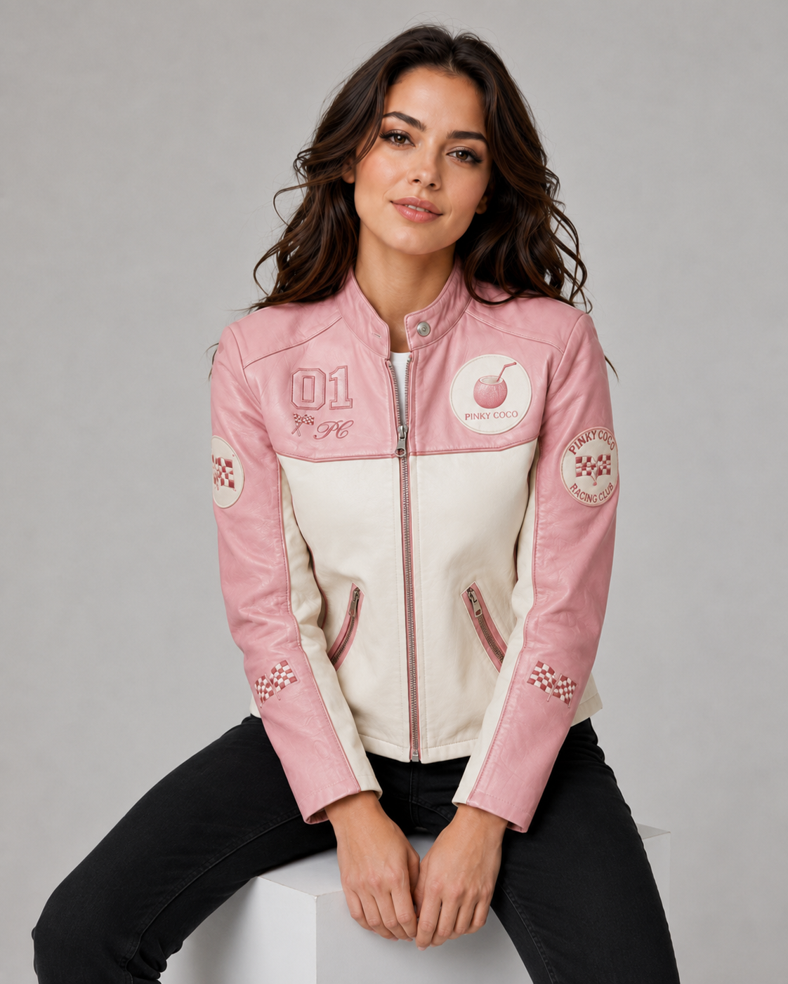 Model wearing the PinkyCoco Pink White women's racing jacket, back view