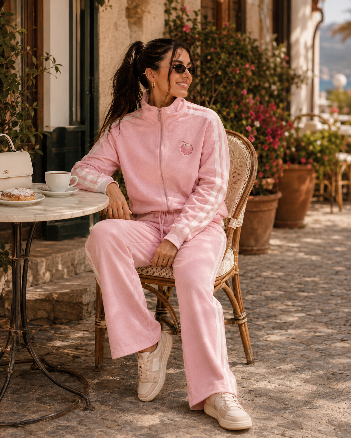 Model showing the back of the PinkyCoco Pink Whitestripe Coco Sets women's matching fleece lounge set