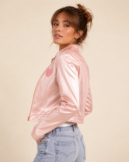 Model wearing PinkyCoco Pinky Women's Satin Bomber Jacket, back view
