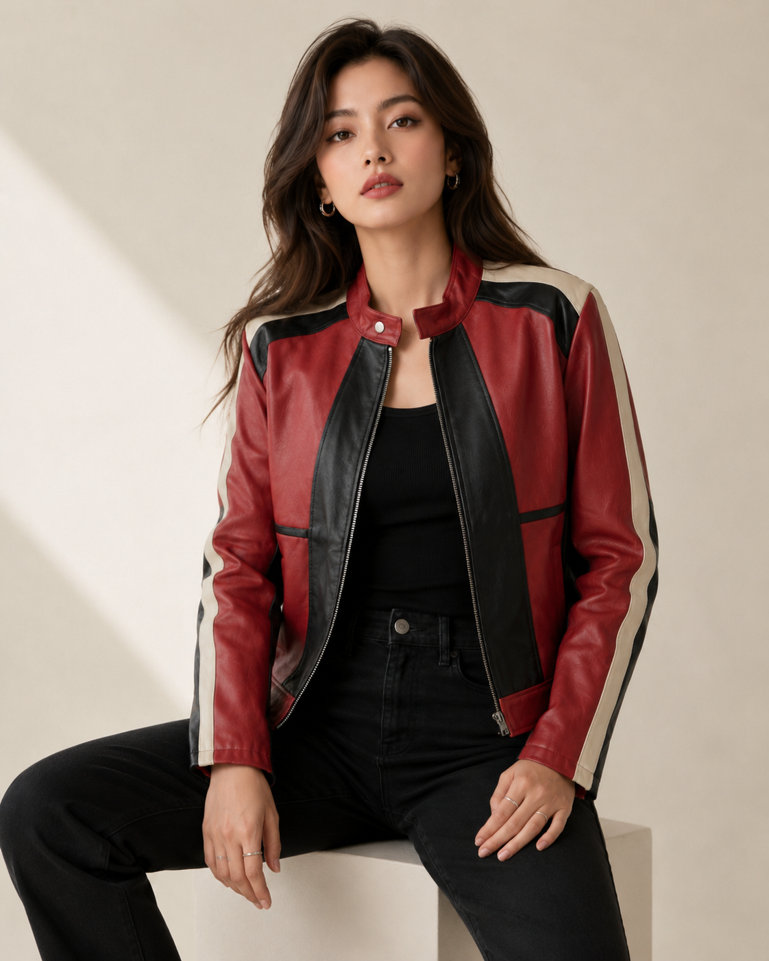 Model wearing the PinkyCoco Red Black Panel women's racing jacket, back view