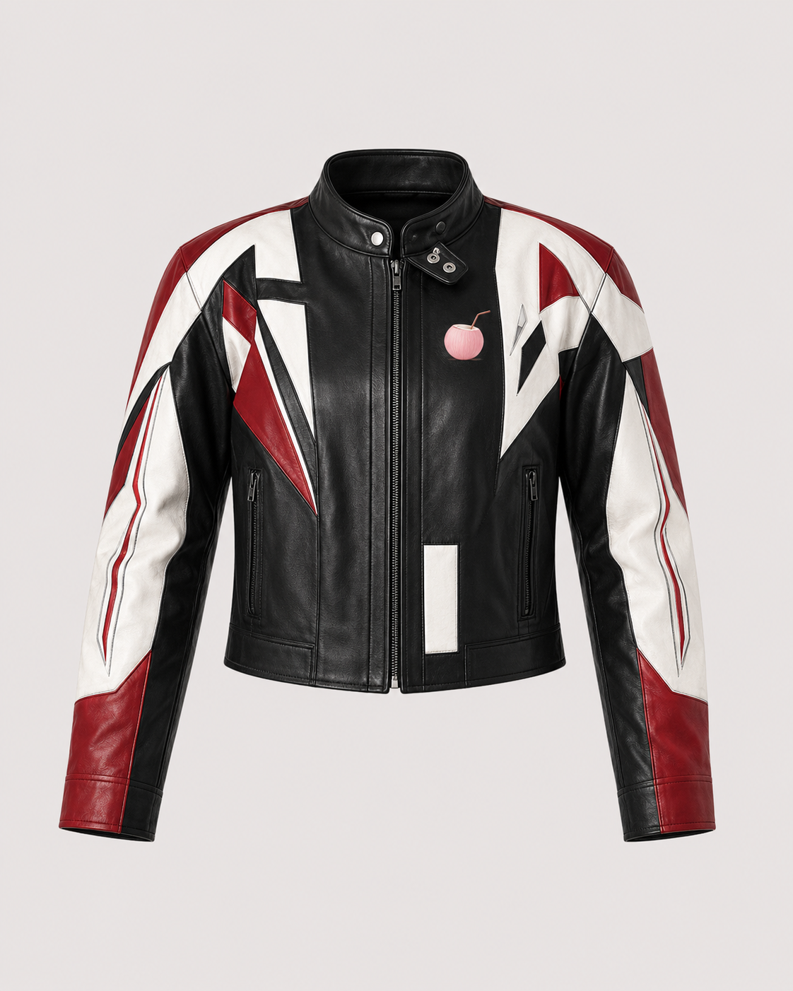 Model wearing the PinkyCoco Red Black Wing women's racing jacket, back view