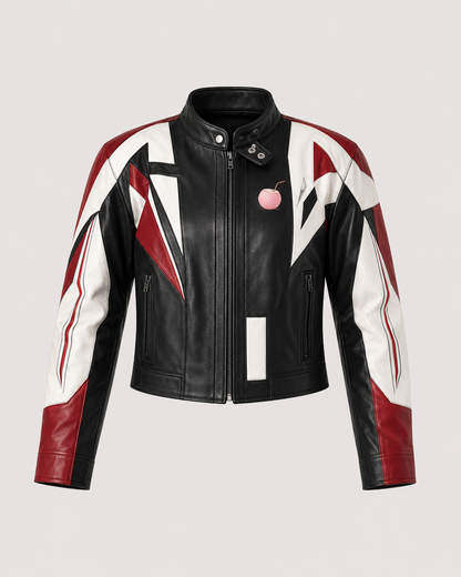 Model wearing the PinkyCoco Red Black Wing women's racing jacket, back view