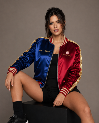 Model wearing PinkyCoco Red Blue Coco Club Women's Satin Bomber Jacket, back view
